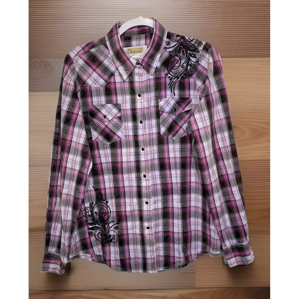 Shyanne Womens Pearl Snap Shirt Size XL Western Embroidered Rodeo Purple Plaid - Picture 4 of 7